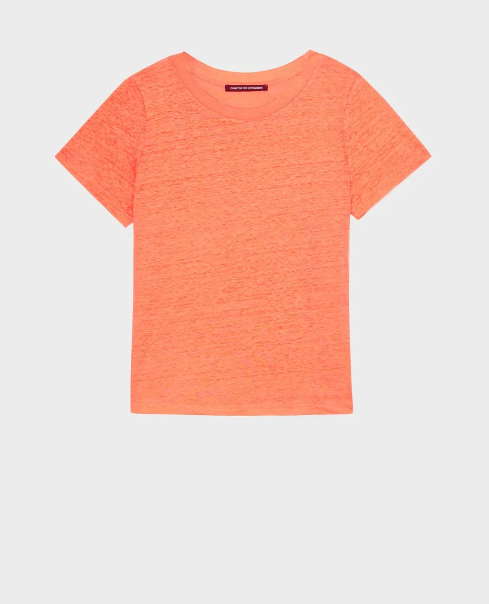 AMANDINE  CAMISETA CON CUELLO REDONDO DE LINO SOLID CORAIL ORANGE