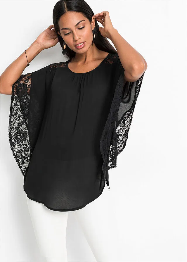 Blusa con detalles de encaje de poliéster reciclado Negro