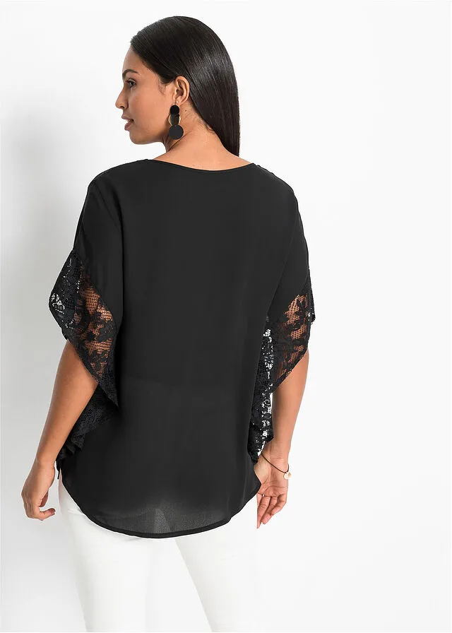 Blusa con detalles de encaje de poliéster reciclado Negro