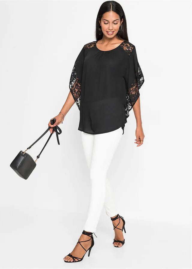 Blusa con detalles de encaje de poliéster reciclado Negro