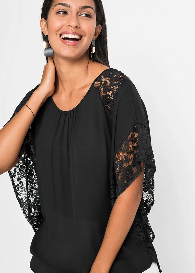 Blusa con detalles de encaje de poliéster reciclado Negro