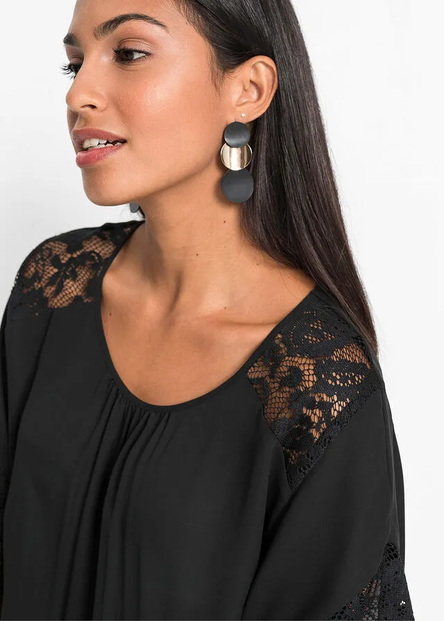 Blusa con detalles de encaje de poliéster reciclado Negro
