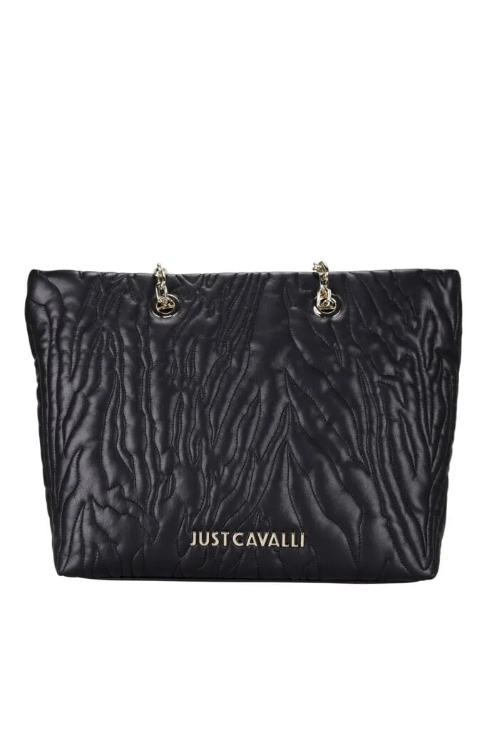 Bolso negro shopper acolchado efecto cebra con logo y cadena dorada
