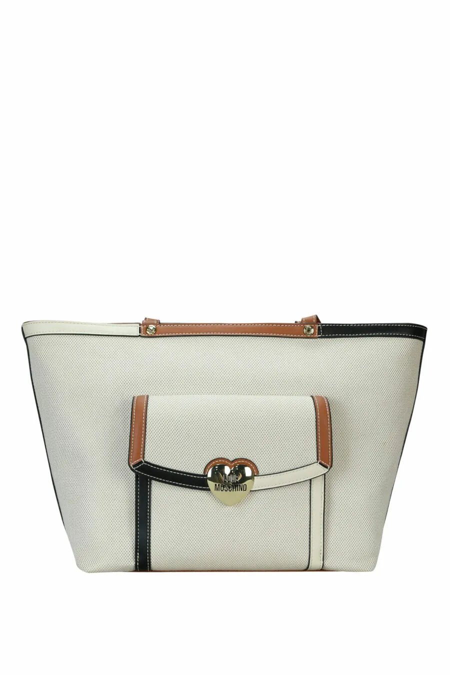 Bolso shopper marrón con beige con minibolsillo y logo corazón en metal dorado