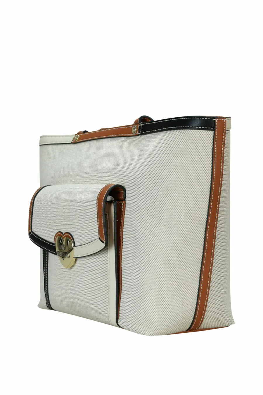 Bolso shopper marrón con beige con minibolsillo y logo corazón en metal dorado