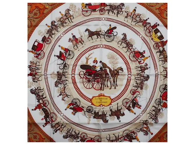Bufanda de seda Hermès 88,5 cm x 88,5 cm LA PROMENADE DE LONGCHAMPS en muy buen estado Castaño 