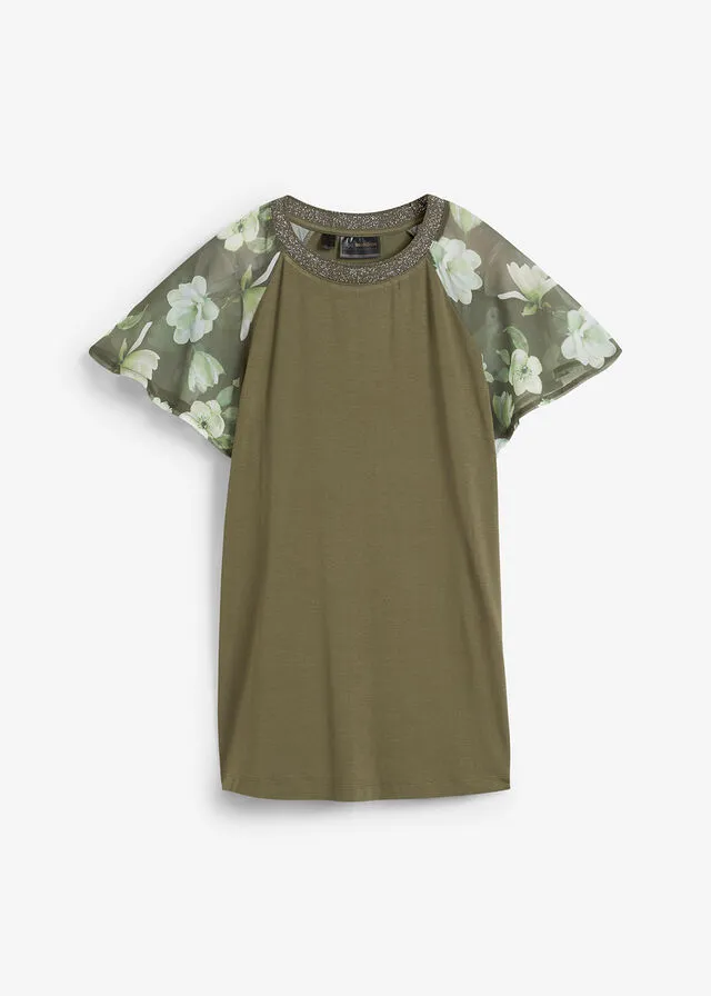 Camiseta con mangas de gasa Verde oliva