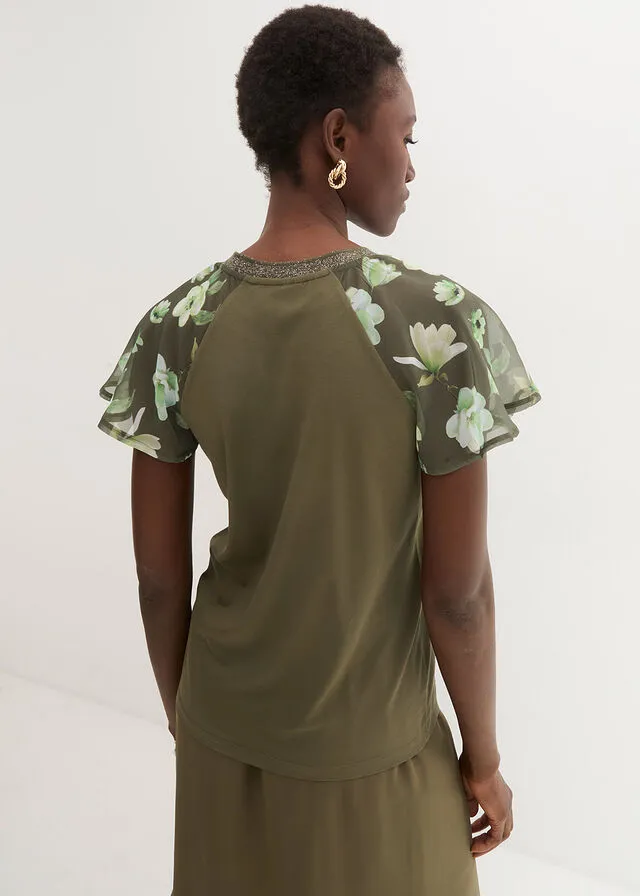 Camiseta con mangas de gasa Verde oliva