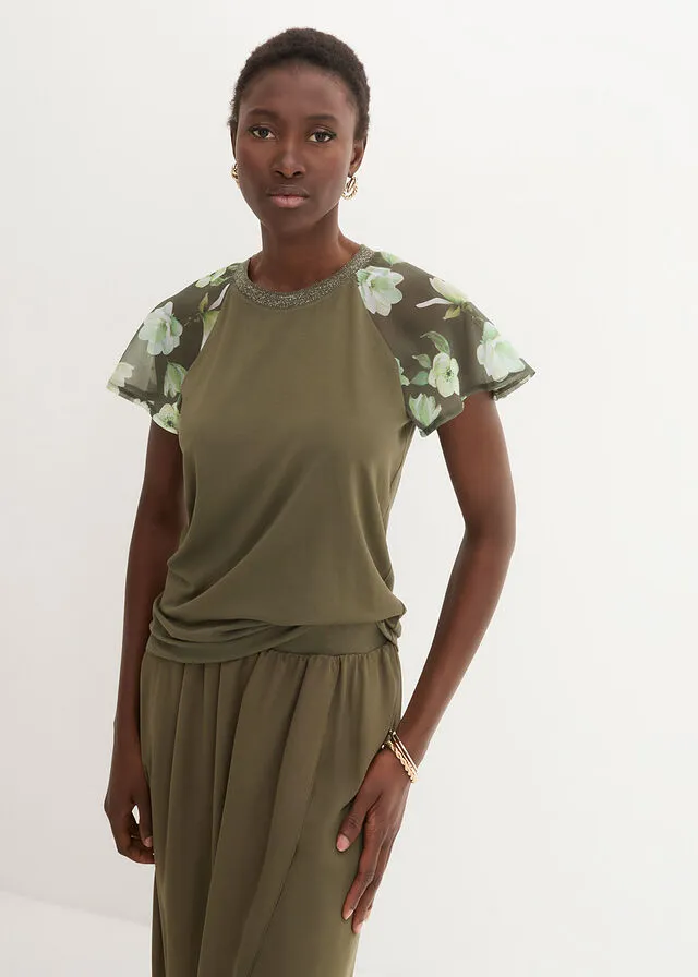 Camiseta con mangas de gasa Verde oliva