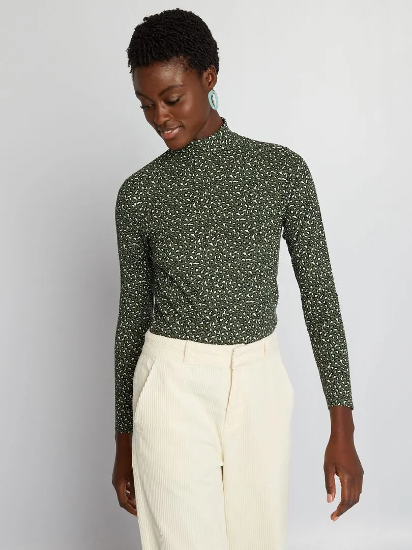 CAMISETA DE CUELLO ALTO DE PUNTO DE CANALé DE LEOPARDO  KAKI