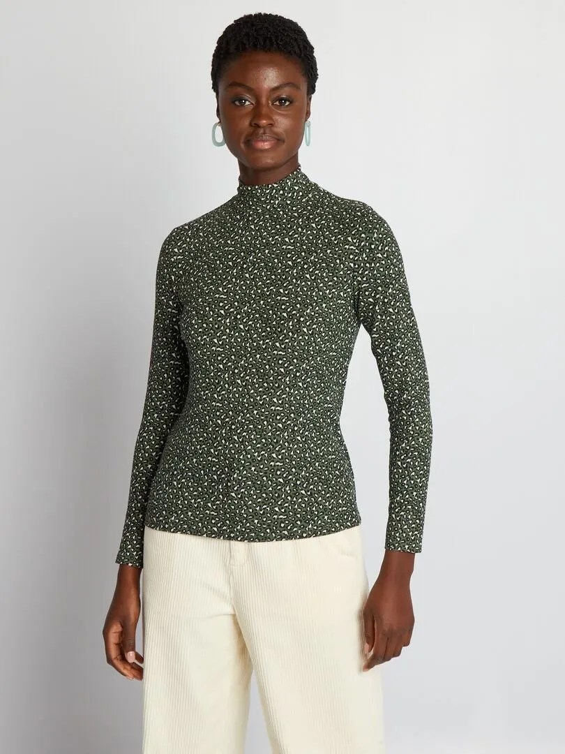 CAMISETA DE CUELLO ALTO DE PUNTO DE CANALé DE LEOPARDO  KAKI