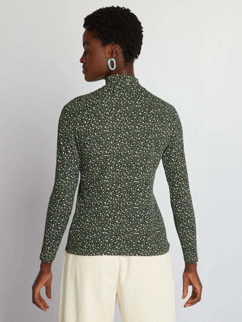 CAMISETA DE CUELLO ALTO DE PUNTO DE CANALé DE LEOPARDO  KAKI