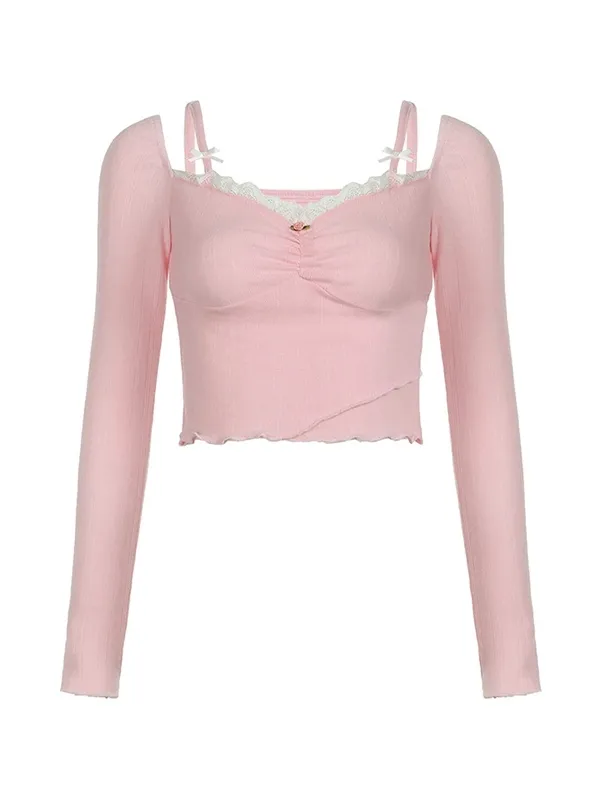 Camisola de punto de manga larga con empalme de encaje y hongos