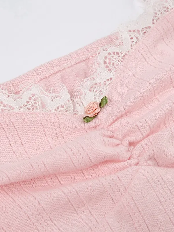 Camisola de punto de manga larga con empalme de encaje y hongos