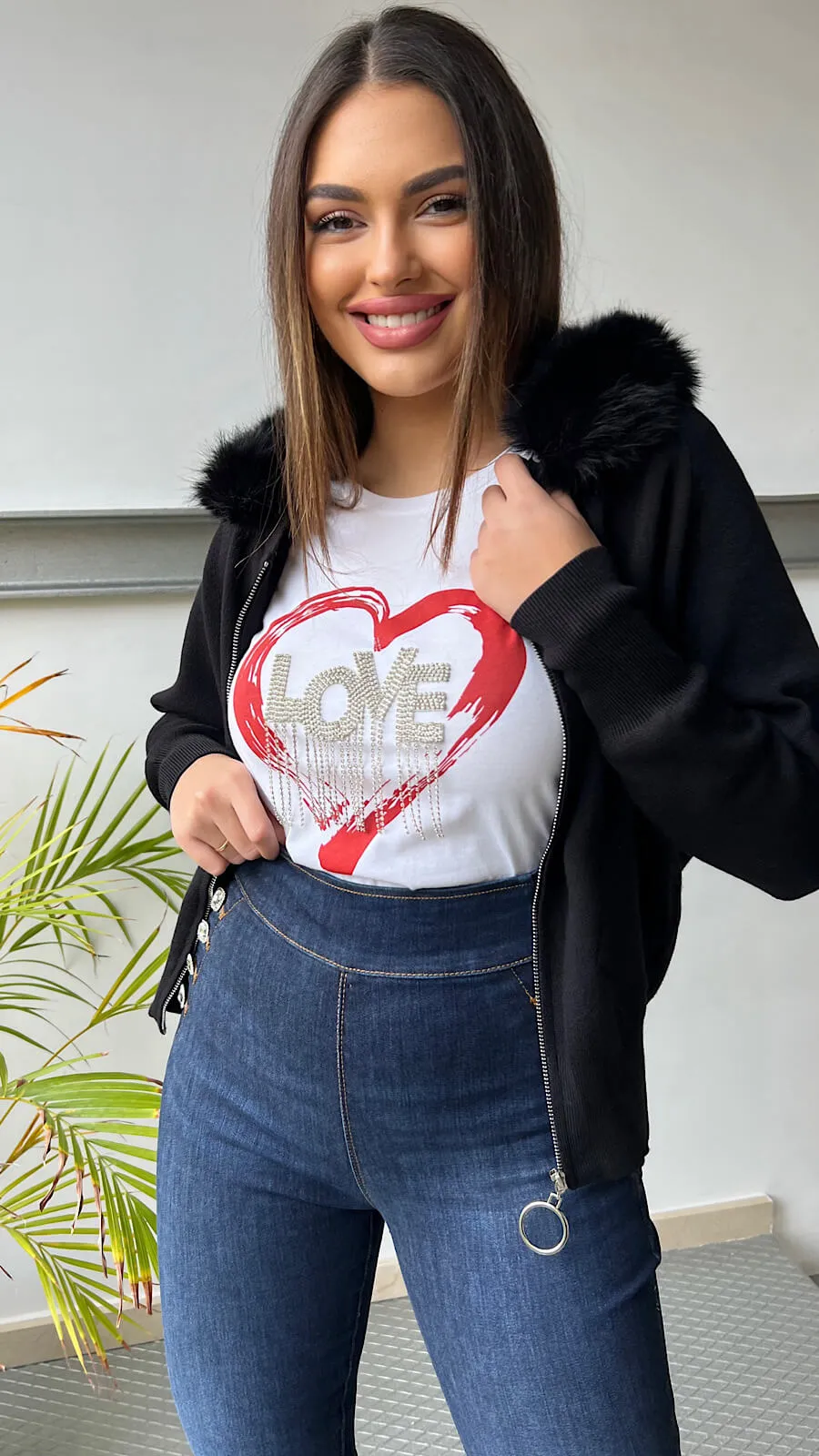 Chaqueta Negra Punto Cuello Pelo Desmontable