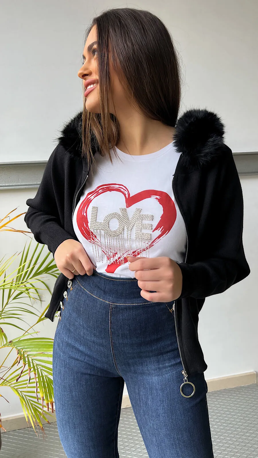 Chaqueta Negra Punto Cuello Pelo Desmontable