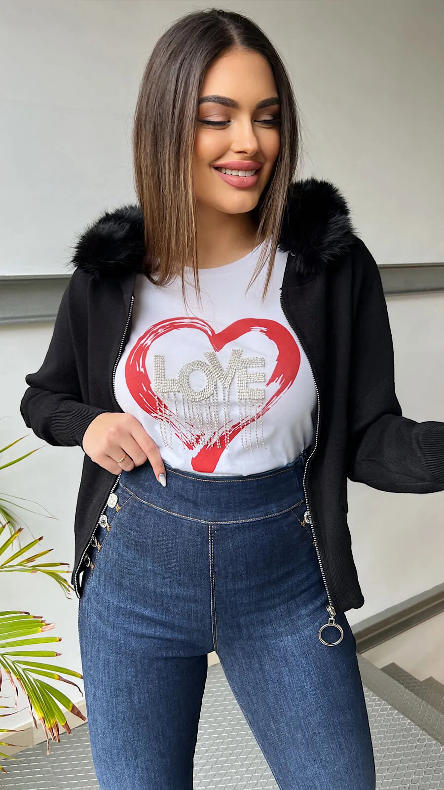 Chaqueta Negra Punto Cuello Pelo Desmontable