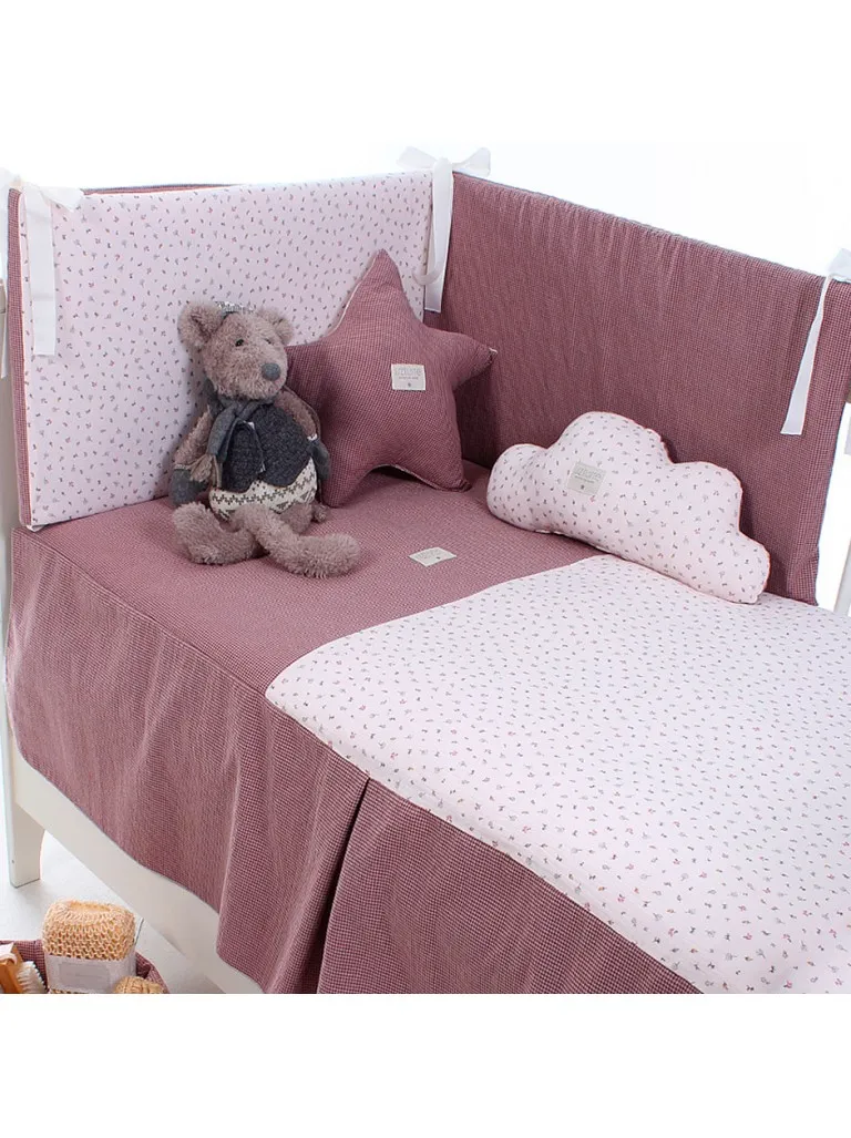 Conjunto para cuna de 60x120 modelo Catalina con florecitas y cuadrito vichy