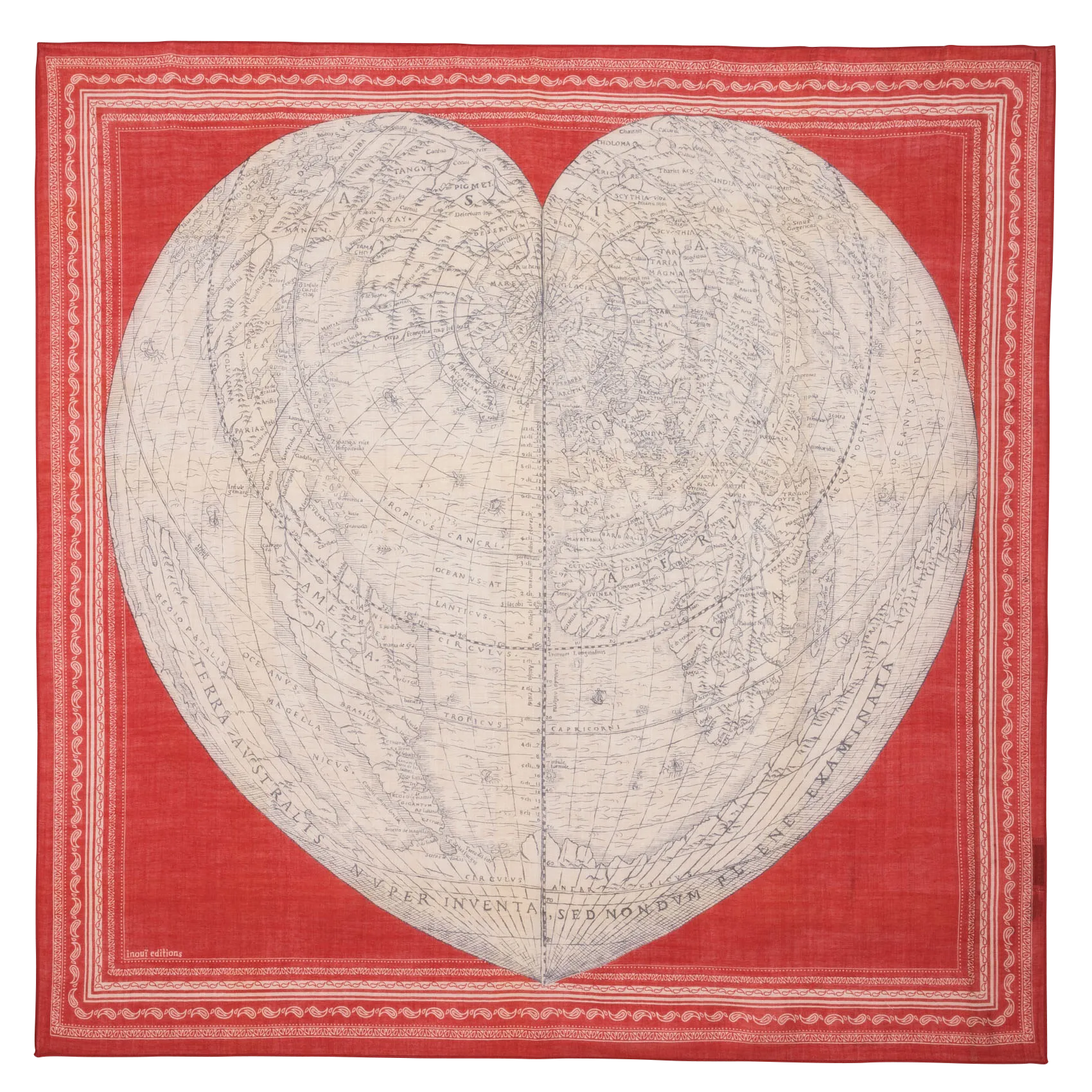 INOUI EDITIONS WOOL MAPPEMONDE  FULAR DE LANA ESTAMPADO EN ROJO