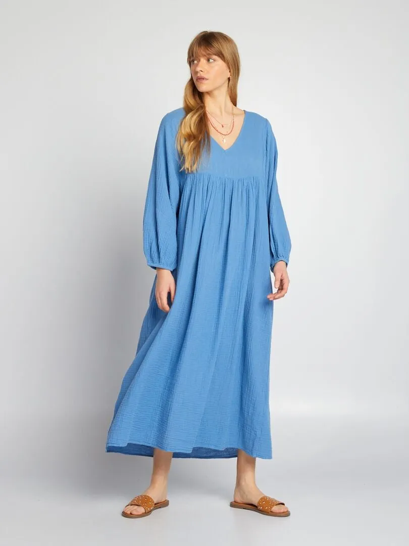 MAXIVESTIDO DE DOBLE GASA DE ALGODóN  AZUL