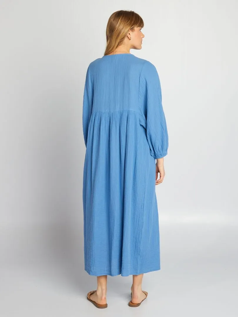 MAXIVESTIDO DE DOBLE GASA DE ALGODóN  AZUL