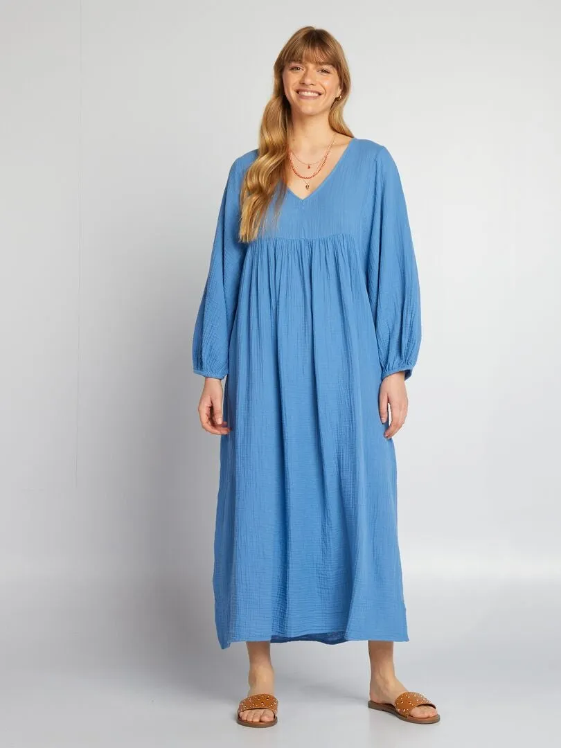 MAXIVESTIDO DE DOBLE GASA DE ALGODóN  AZUL