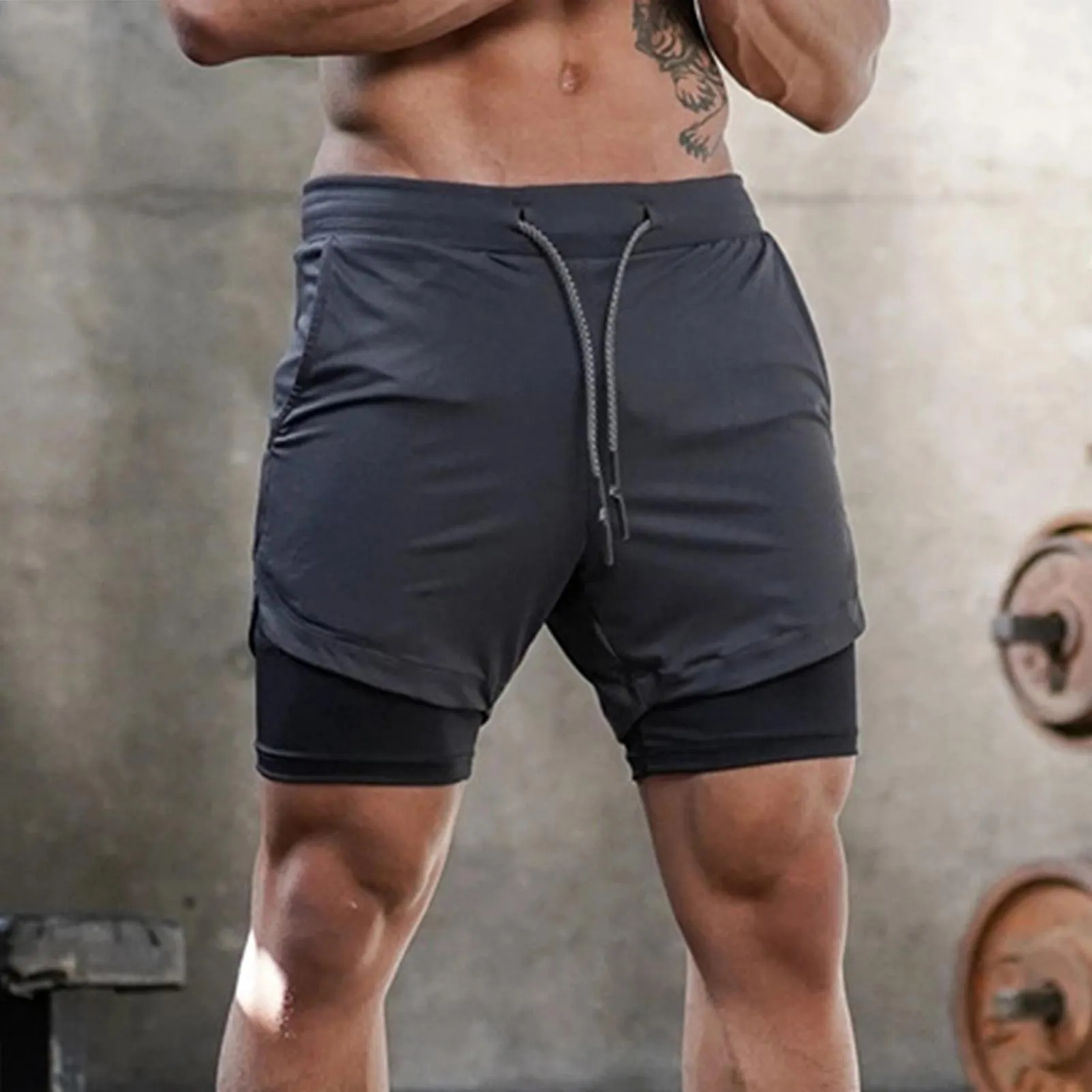 MEN'S SUMMER RUNNING SHORTS 2IN1 DESIGN QUICK DRY MULTIPOCKETS DRAWSTRING