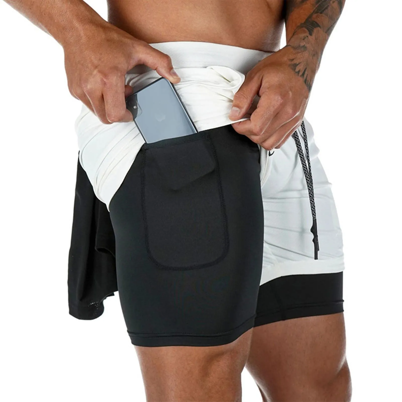MEN'S SUMMER RUNNING SHORTS 2IN1 DESIGN QUICK DRY MULTIPOCKETS DRAWSTRING