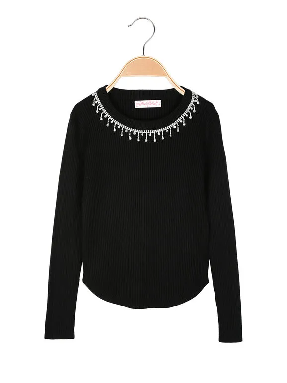 Miss Brum Jersey de niña de punto con cuello redondo y strass