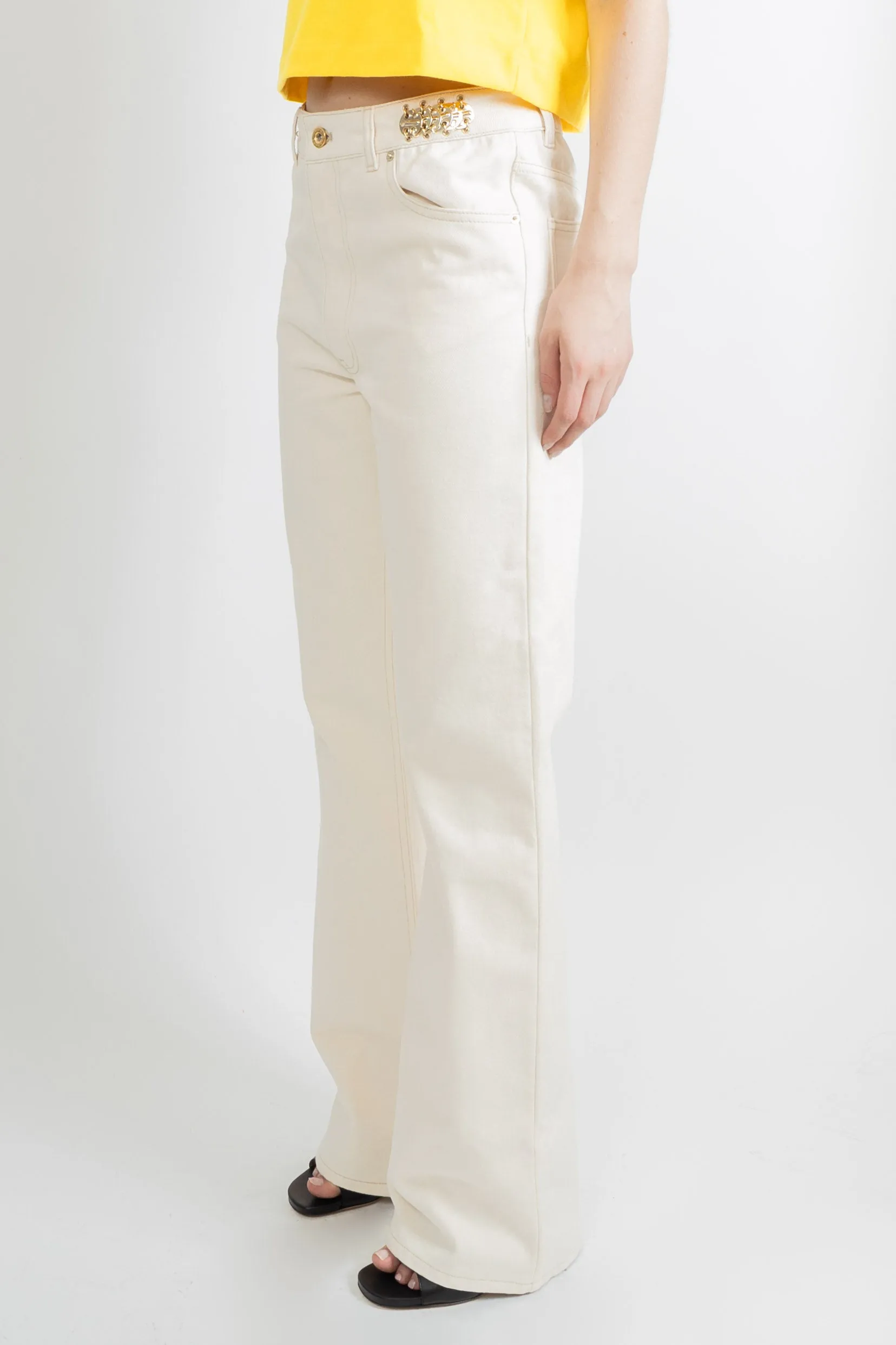 Paco Rabanne Off White Denim Flare Jeans With Assembly 1969 Pastilles Nude