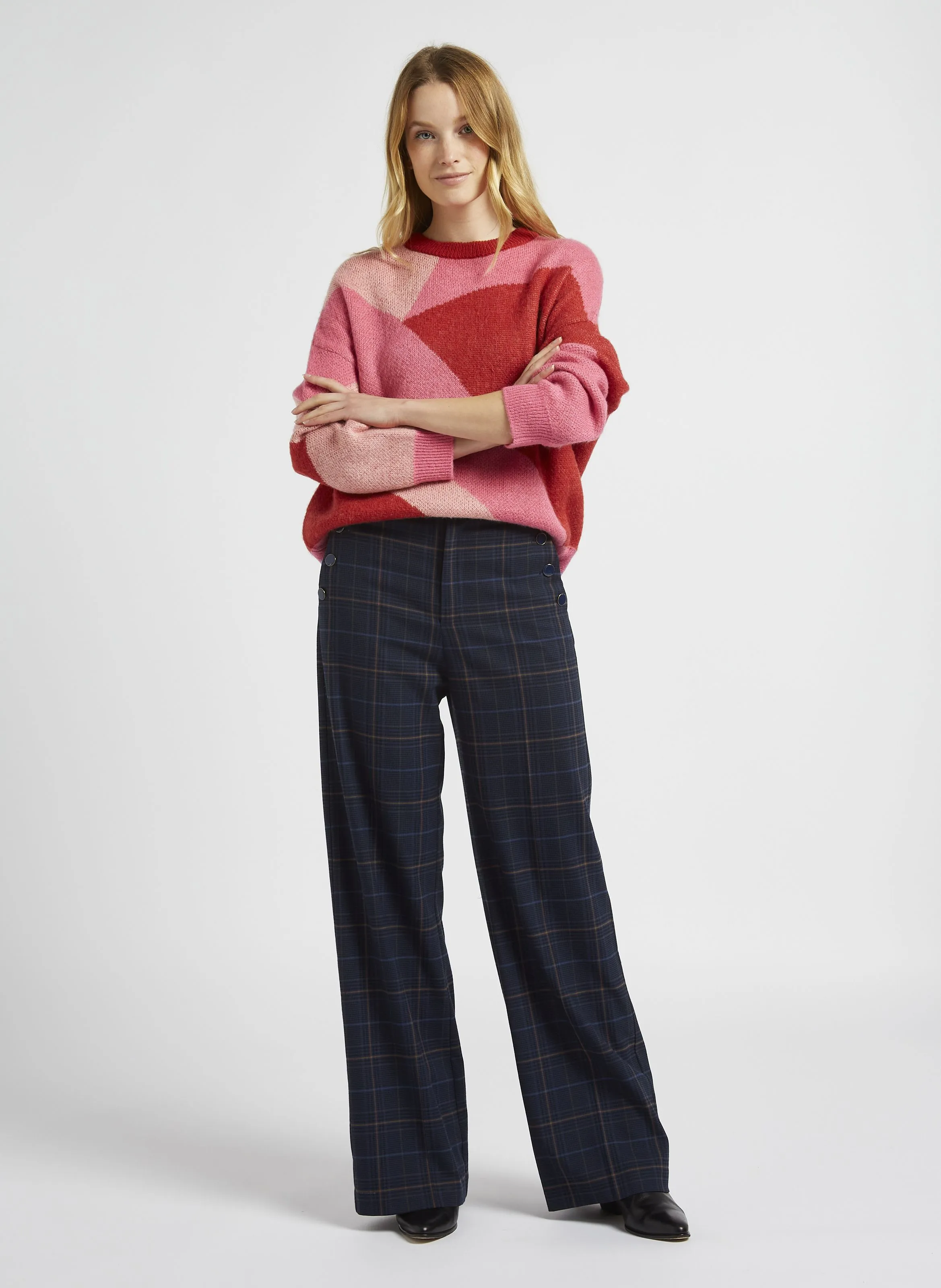 Pantalón recto estampado a cuadros en azul