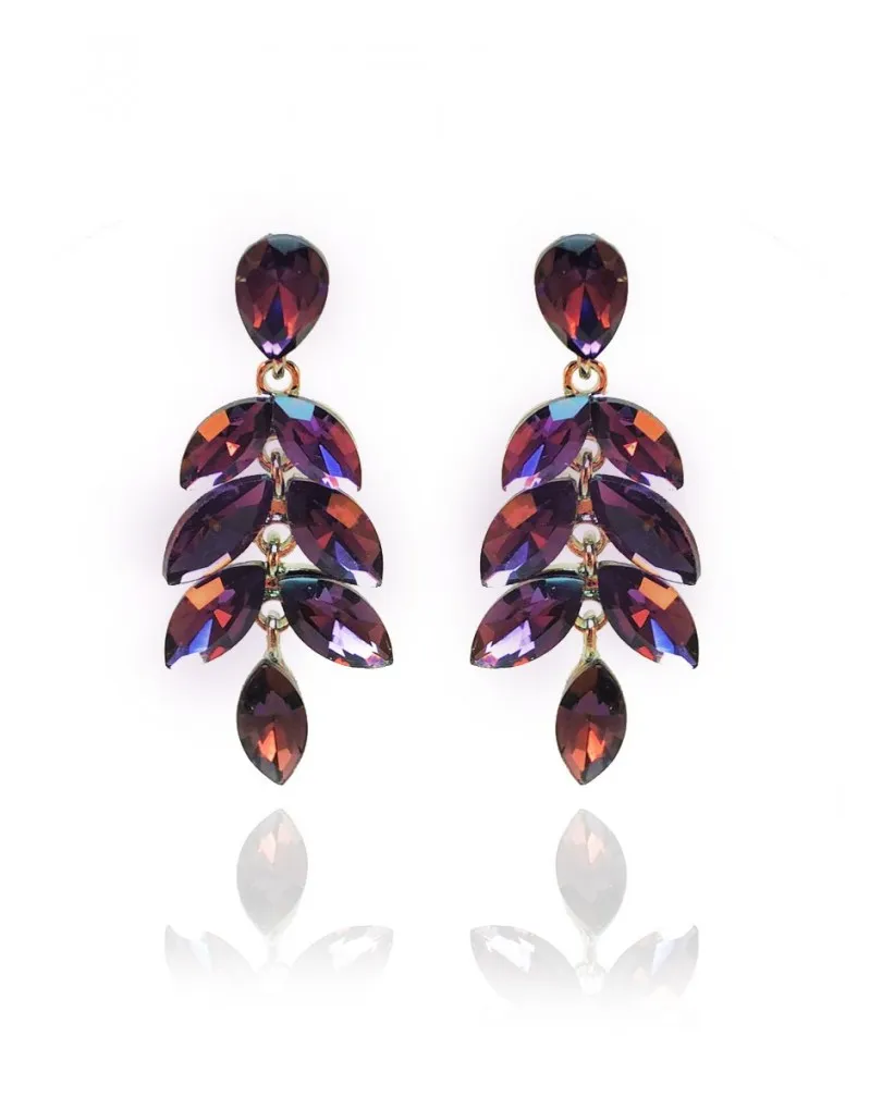 PENDIENTES MORADOS PARA MUJER CON FINO DISEÑO DE CASCADA DE HOJITAS