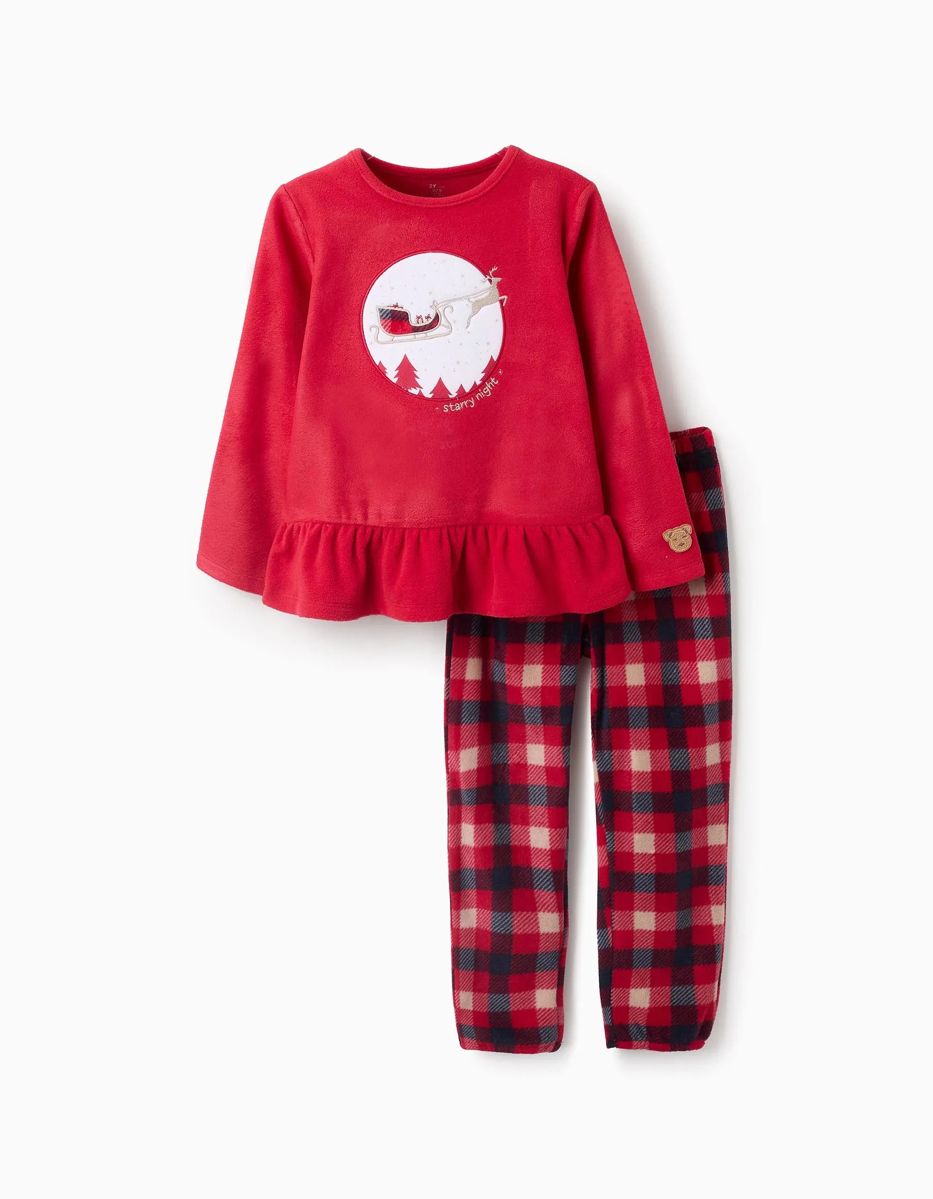 Pijama Polar para Niña con Cuadros Trineo Rojo ZIPPY