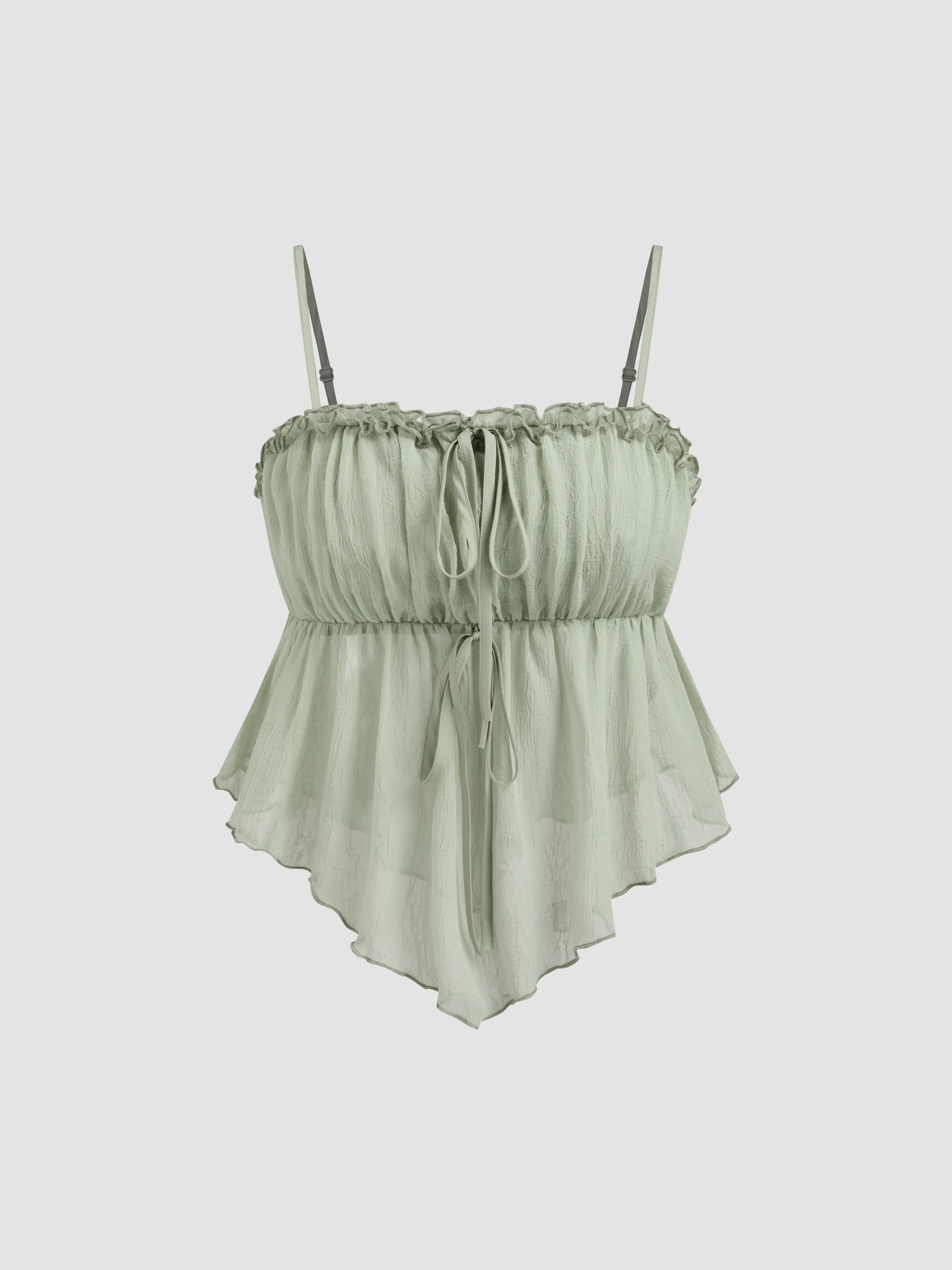 Top Cami Corto Anudado de Gasa con Cuello Cuadrado y Ribete de Lechuga Sólido