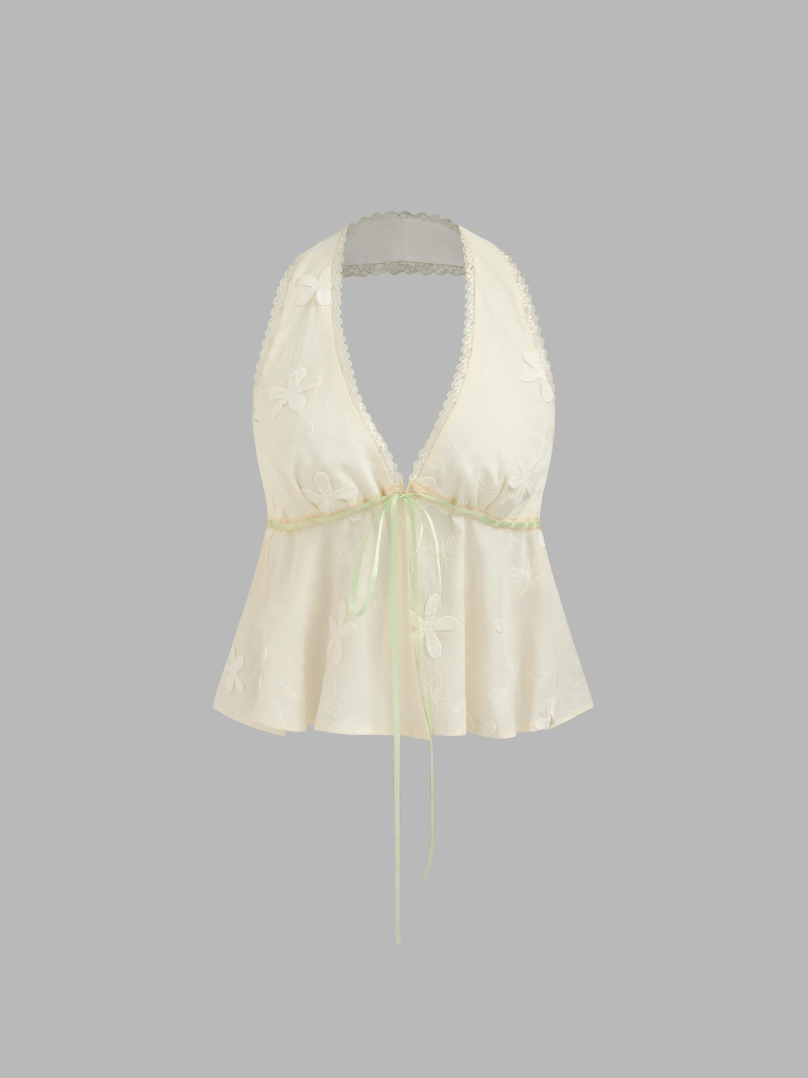 Top Crop Anudado de Gasa con Cuello en V, Bordado Floral y Encaje