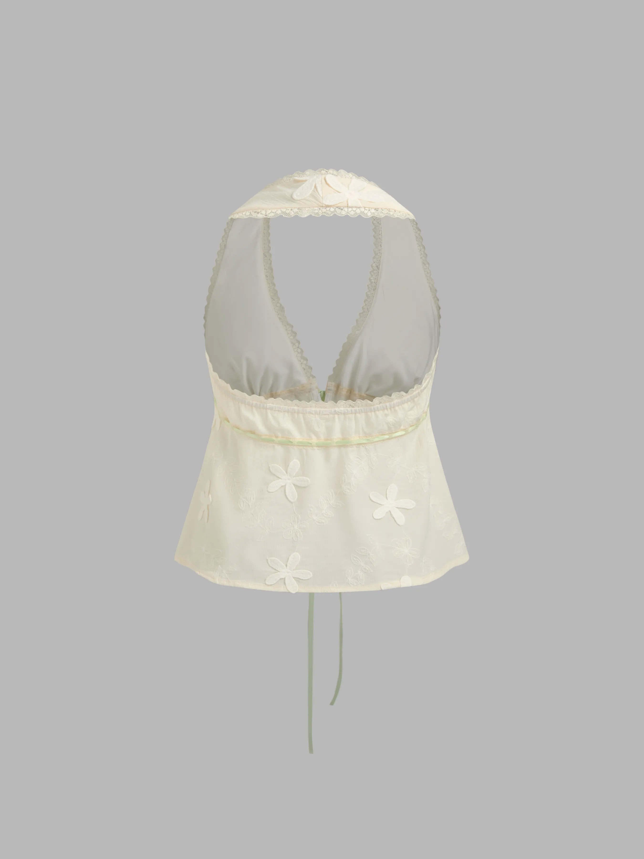 Top Crop Anudado de Gasa con Cuello en V, Bordado Floral y Encaje