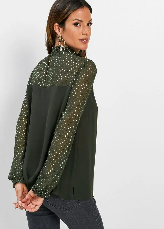 TúNICA DE GASA VERDE OLIVA OSCURODORADO METALIZADO ESTAMPADO
