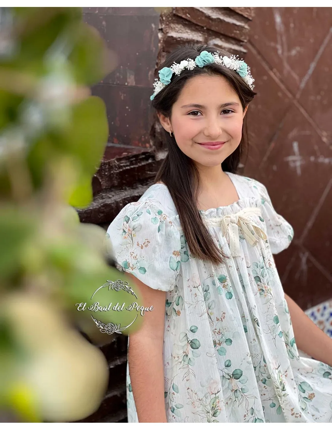 Vestido Ceremonia Punto Inglés Tartaleta Louise Estampado Verde