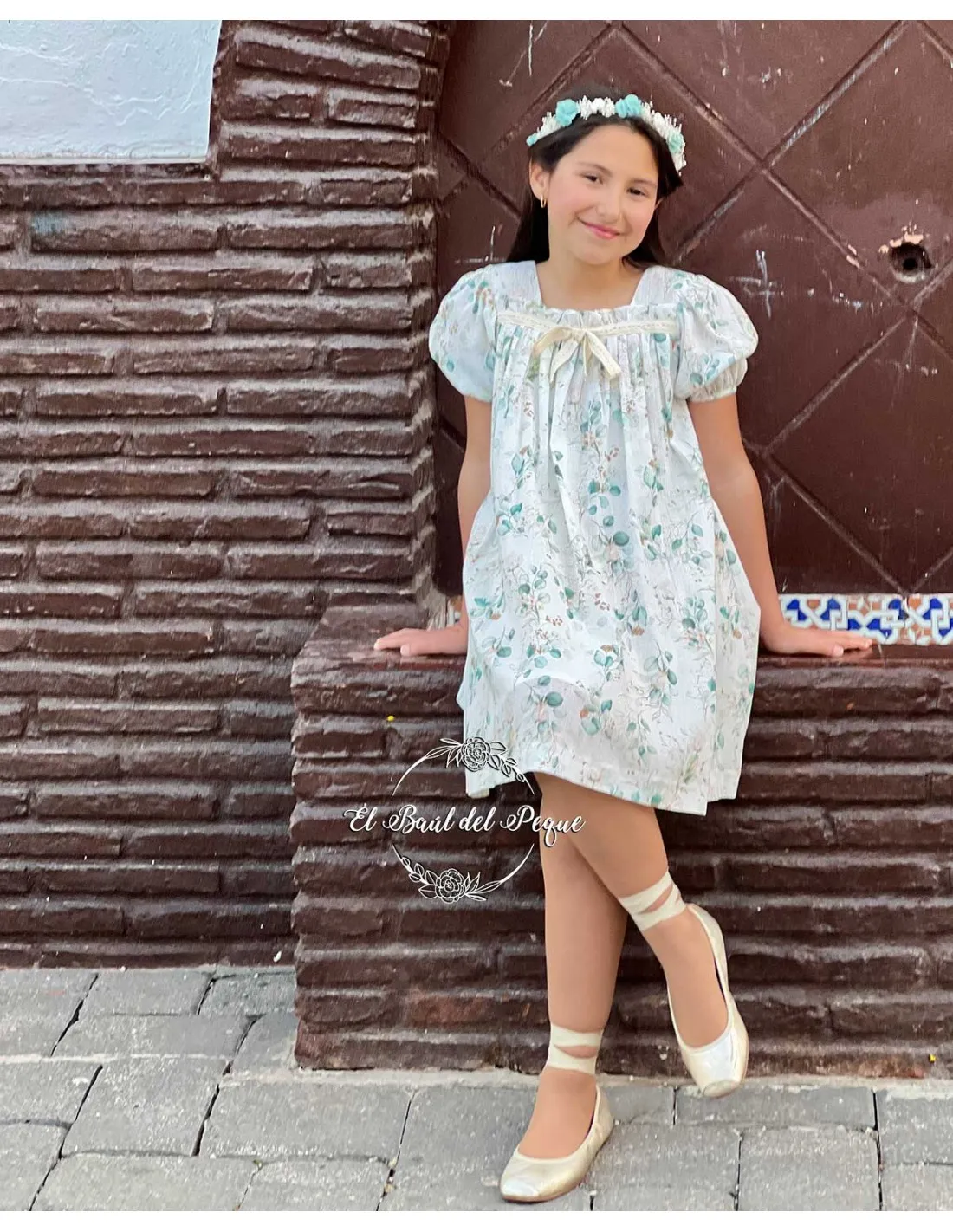 Vestido Ceremonia Punto Inglés Tartaleta Louise Estampado Verde