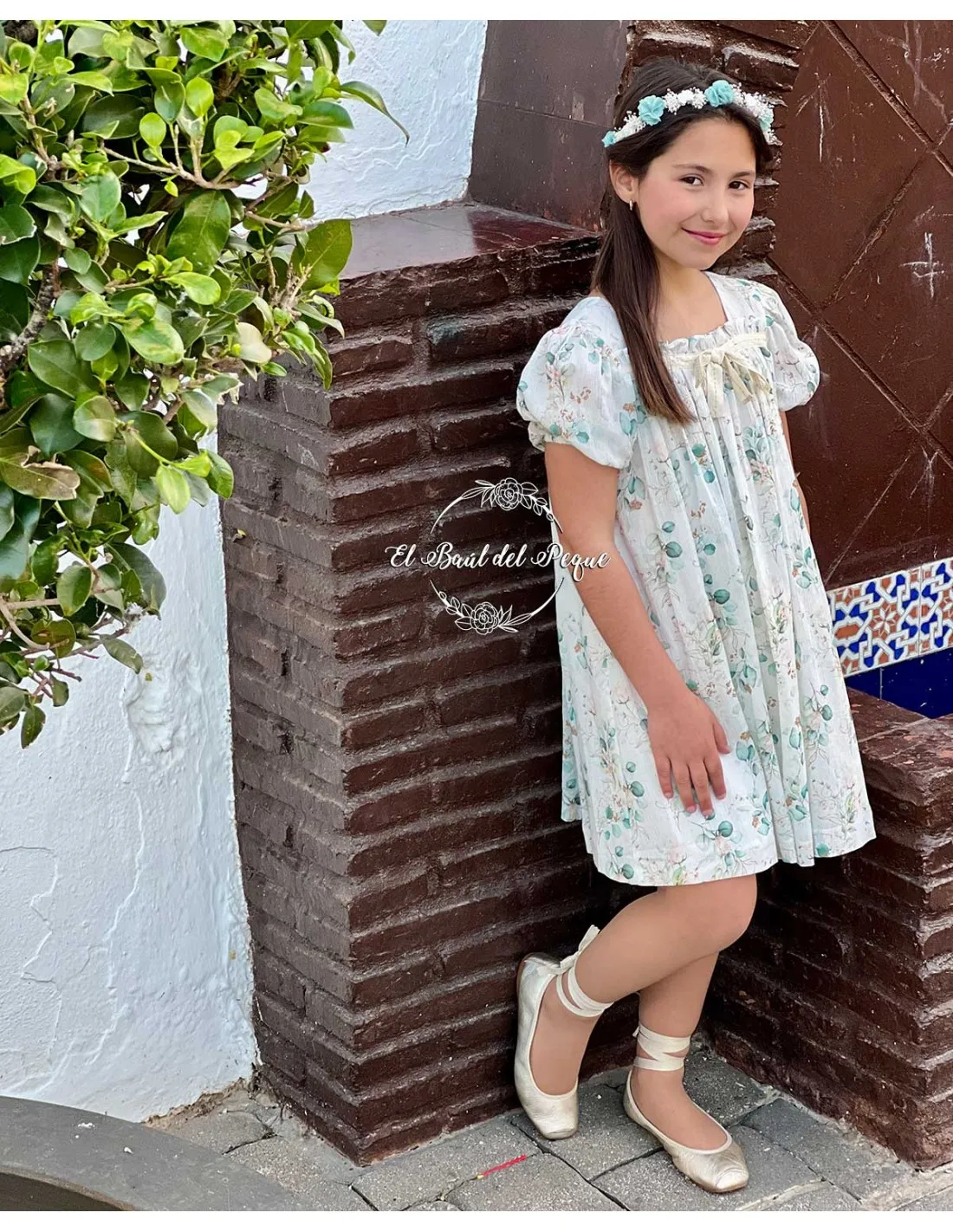 Vestido Ceremonia Punto Inglés Tartaleta Louise Estampado Verde