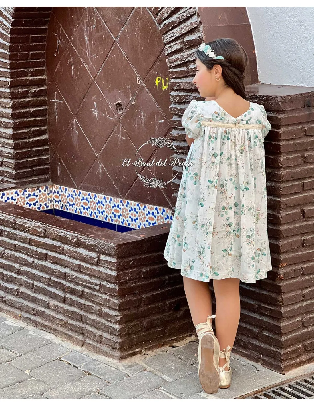 Vestido Ceremonia Punto Inglés Tartaleta Louise Estampado Verde
