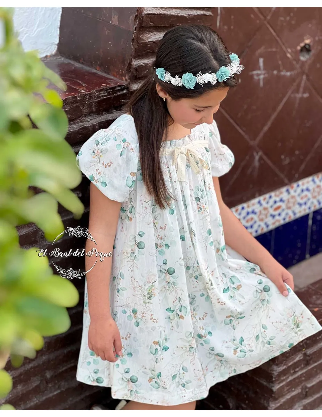 Vestido Ceremonia Punto Inglés Tartaleta Louise Estampado Verde