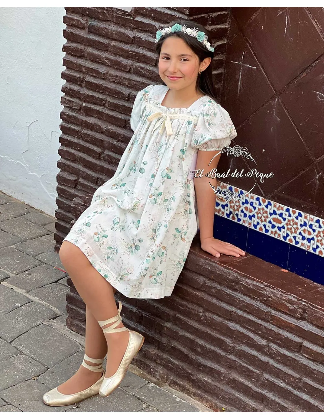 Vestido Ceremonia Punto Inglés Tartaleta Louise Estampado Verde