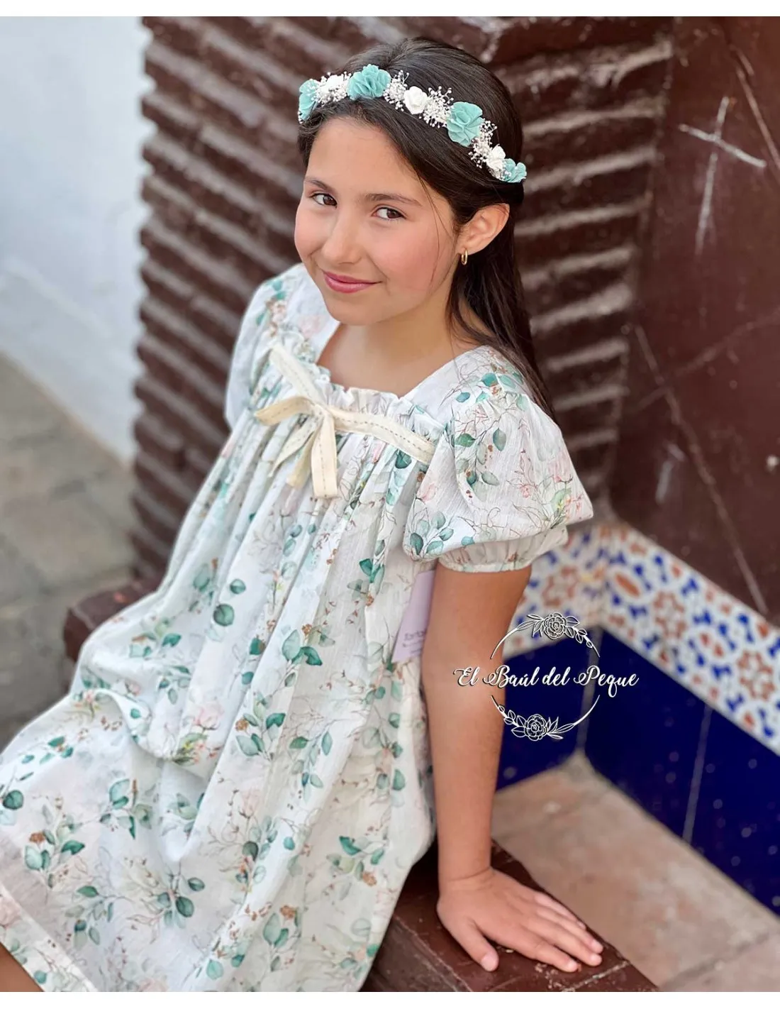 Vestido Ceremonia Punto Inglés Tartaleta Louise Estampado Verde