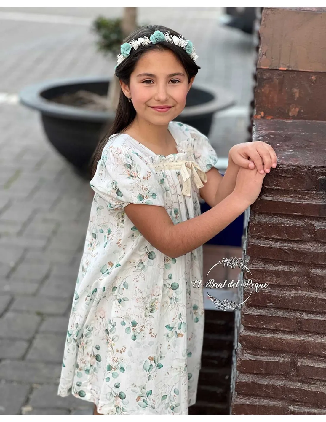 Vestido Ceremonia Punto Inglés Tartaleta Louise Estampado Verde