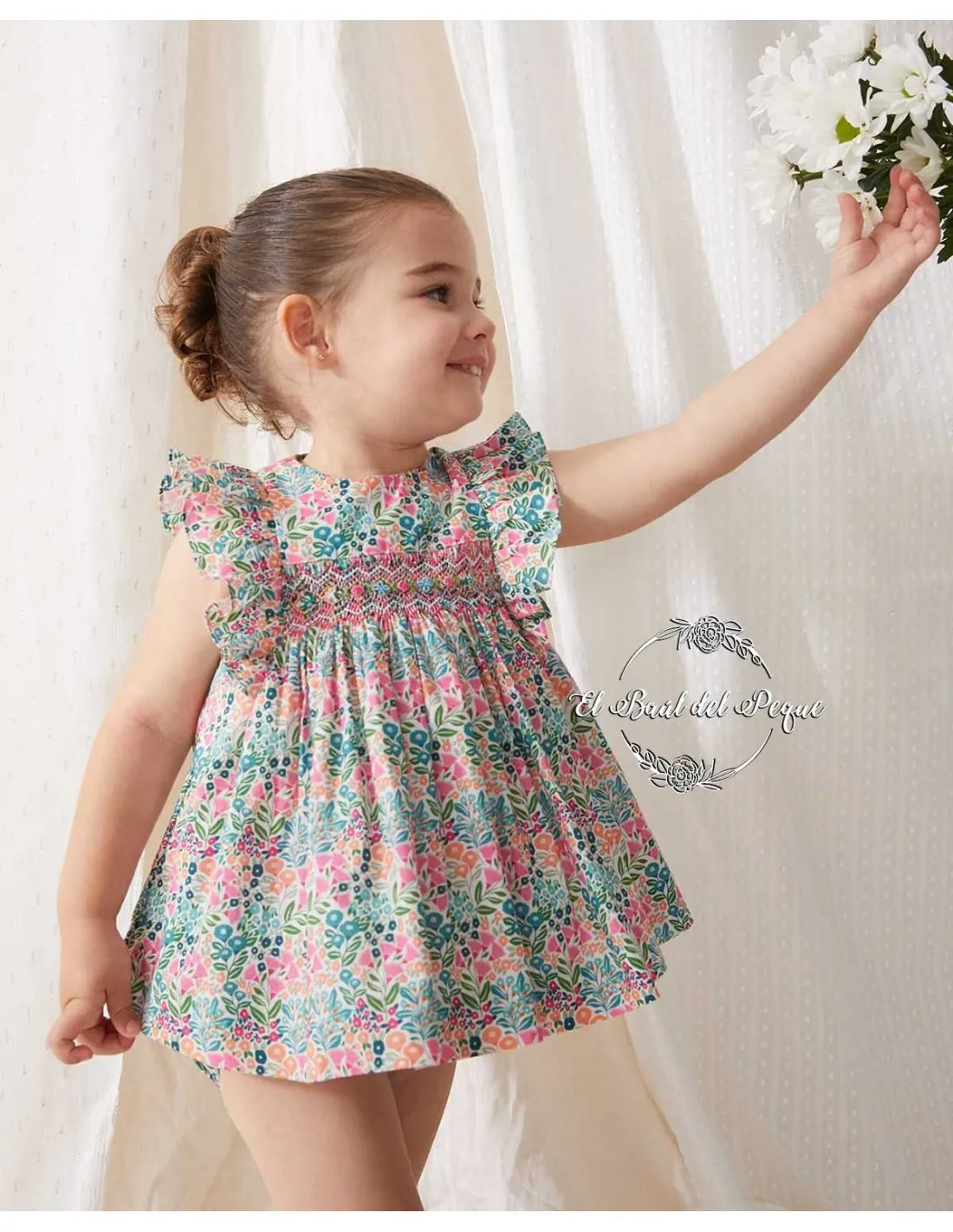 Vestido Niña Tartaleta Estampado Fucsia Bordado a Mano Ivette