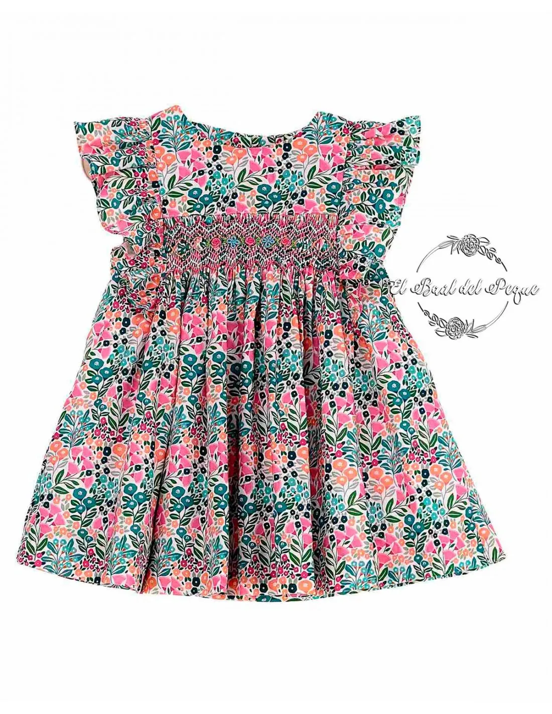 Vestido Niña Tartaleta Estampado Fucsia Bordado a Mano Ivette